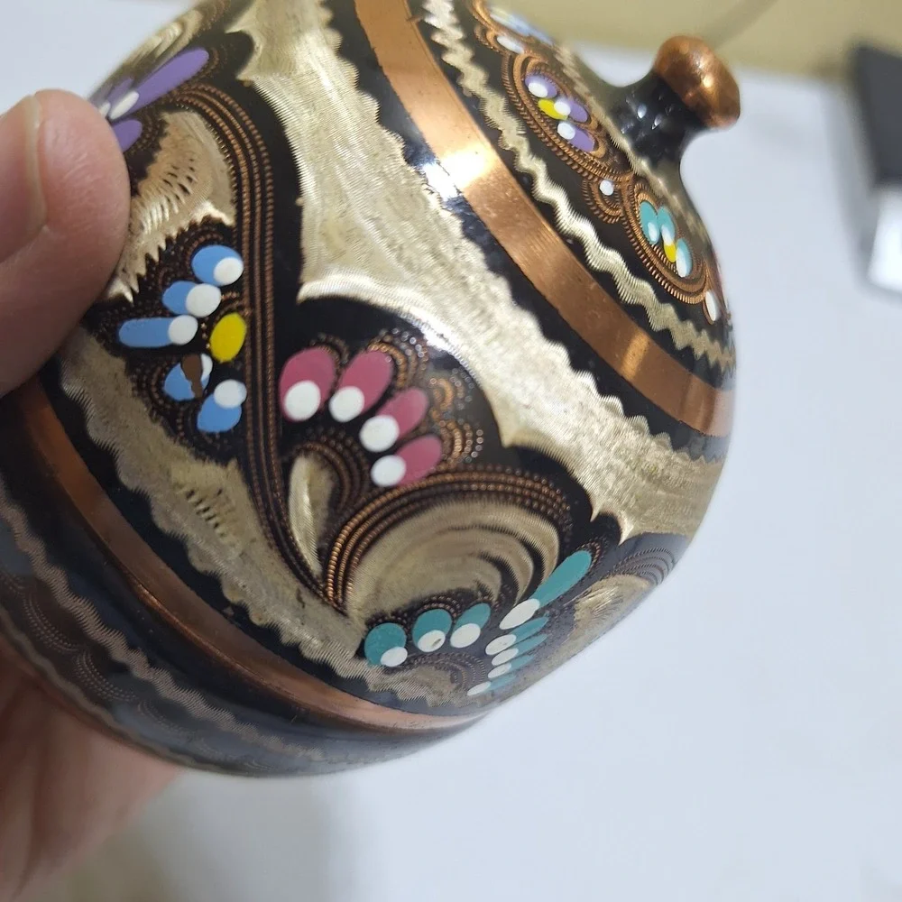 Vintage Persian Turkish Hand Painted Copper Sugar Bowl Lidded Trinket Box Enamel